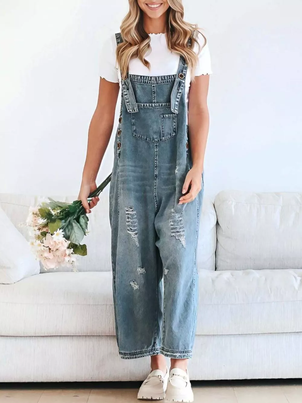 Distressed Wide Leg Denim Overalls, image 19