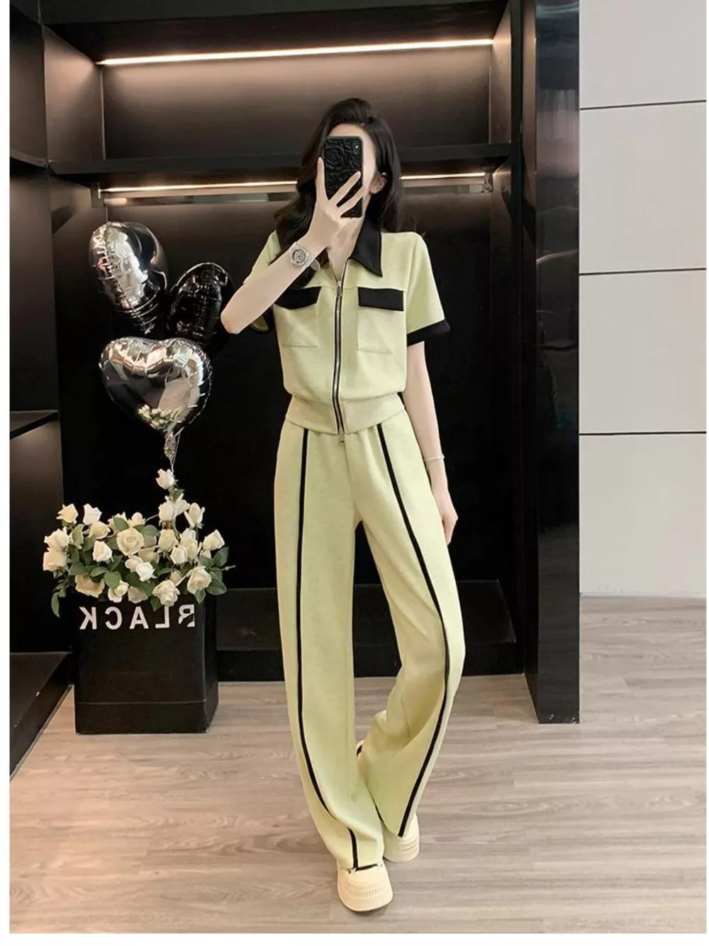 Contrast Zip Up Top and Wide-Leg Pants Set, image 4