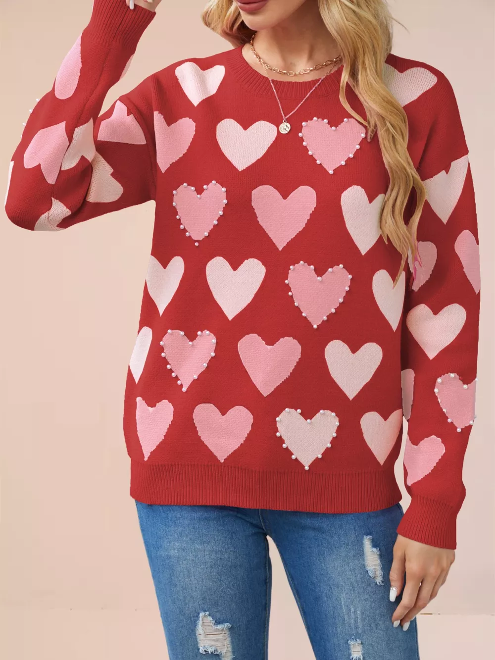 Heart Pattern Beaded Round Neck Sweater, image 14