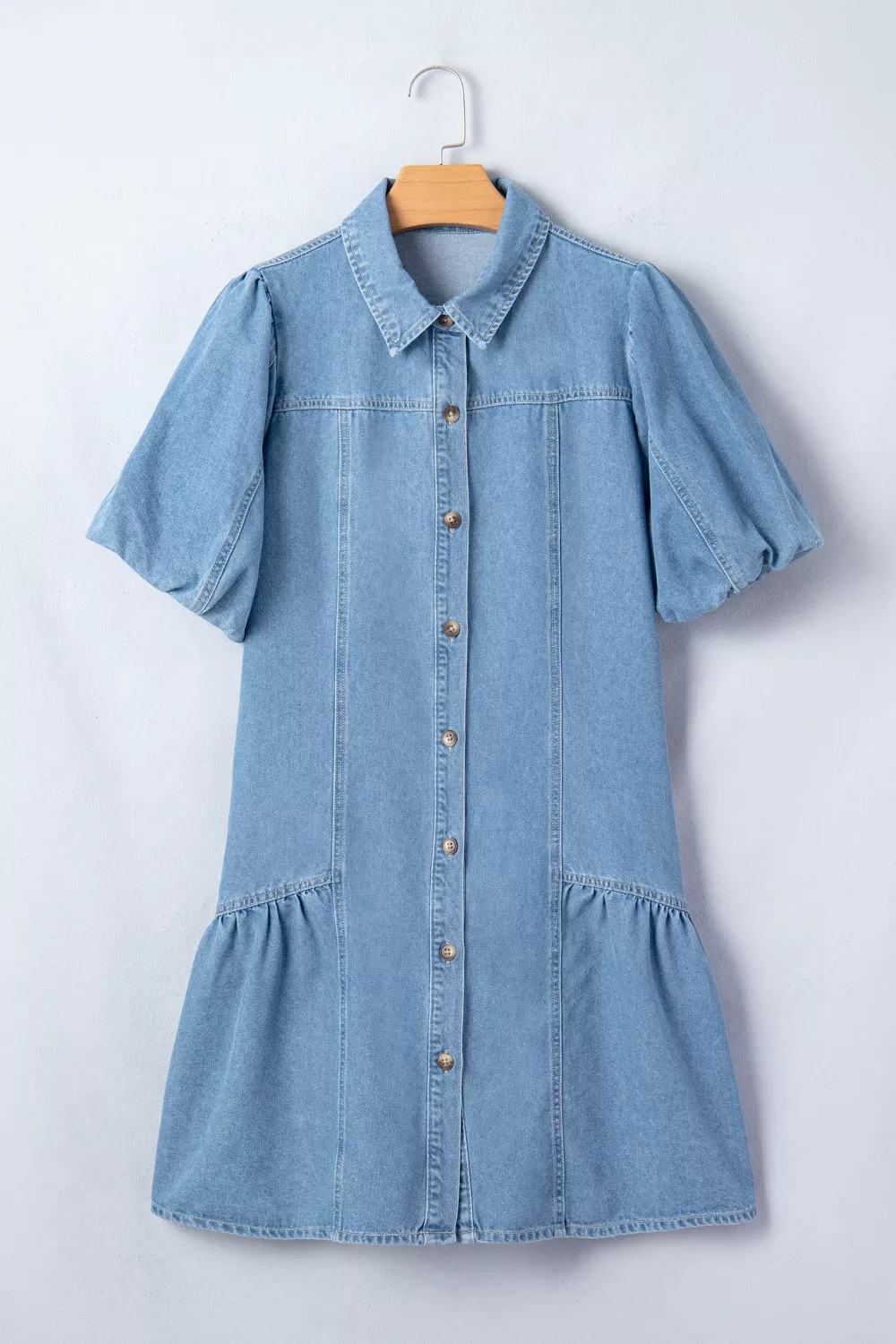 Button Down Short Puff Sleeve Ruffle Hem Denim Dress, image 7