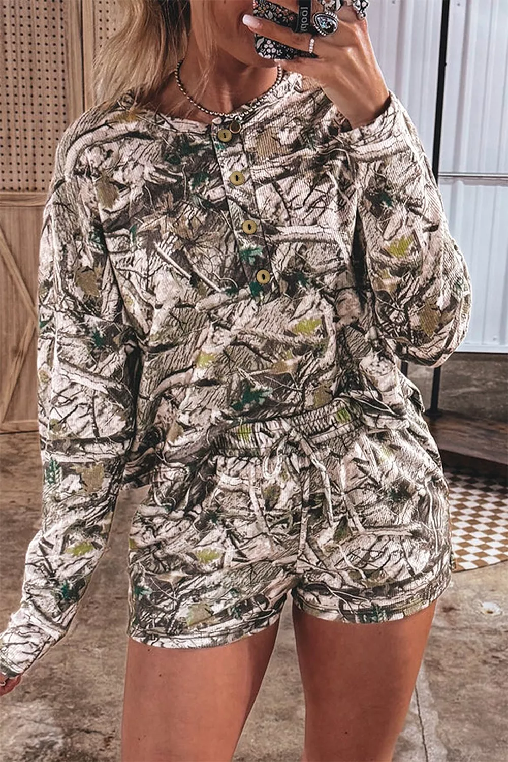 Camo Long Sleeve Top Elastic Waist Shorts Two Piece Set, image 3