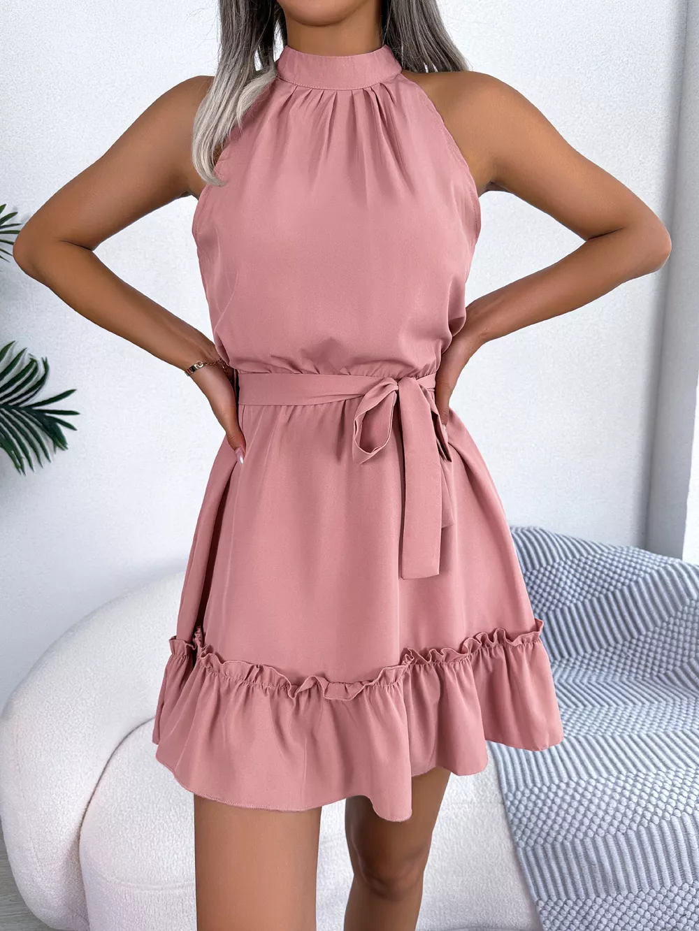 Halter Neck Ruffle Hem A-Line Dress, image 11
