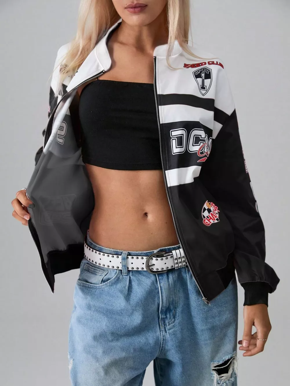 Letter Zip Up Dropped Shoulder Jacket, image 5