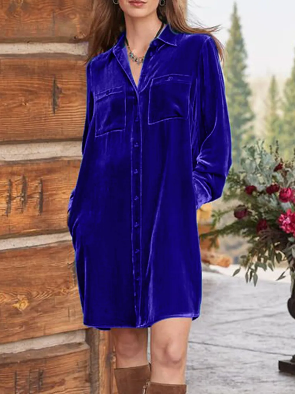 High-Low Button Up Long Sleeve Knee Length Dress, image 6