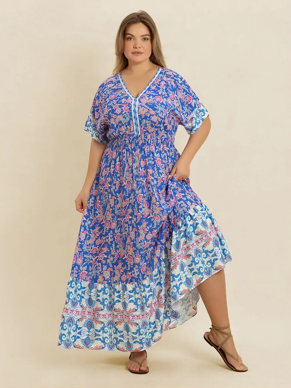 Plus Size Smocked Printed Half Sleeve Midi Dress, image 6
