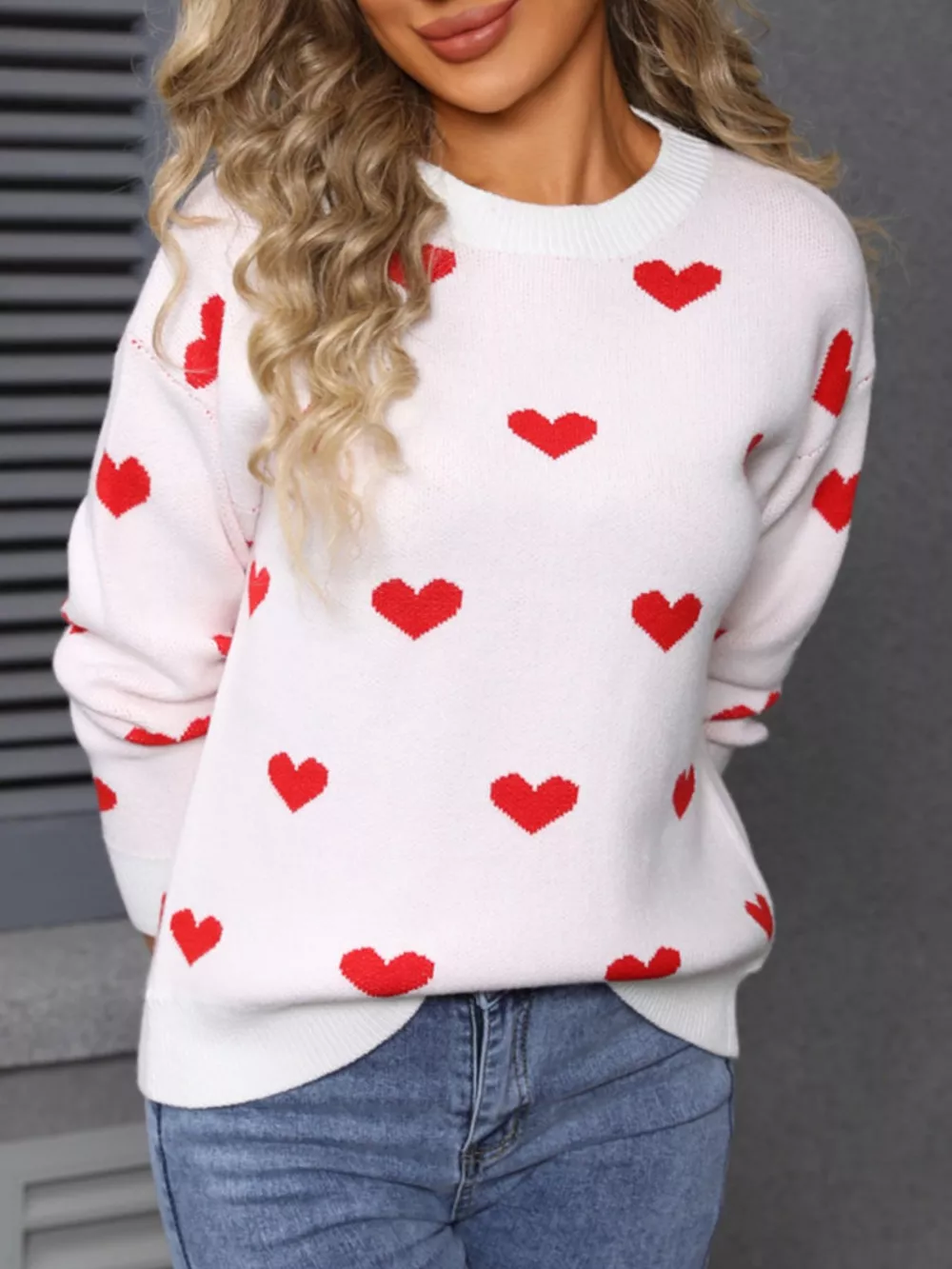 Valentine's Day Heart Pattern Dropped Shoulder Sweater, image 4