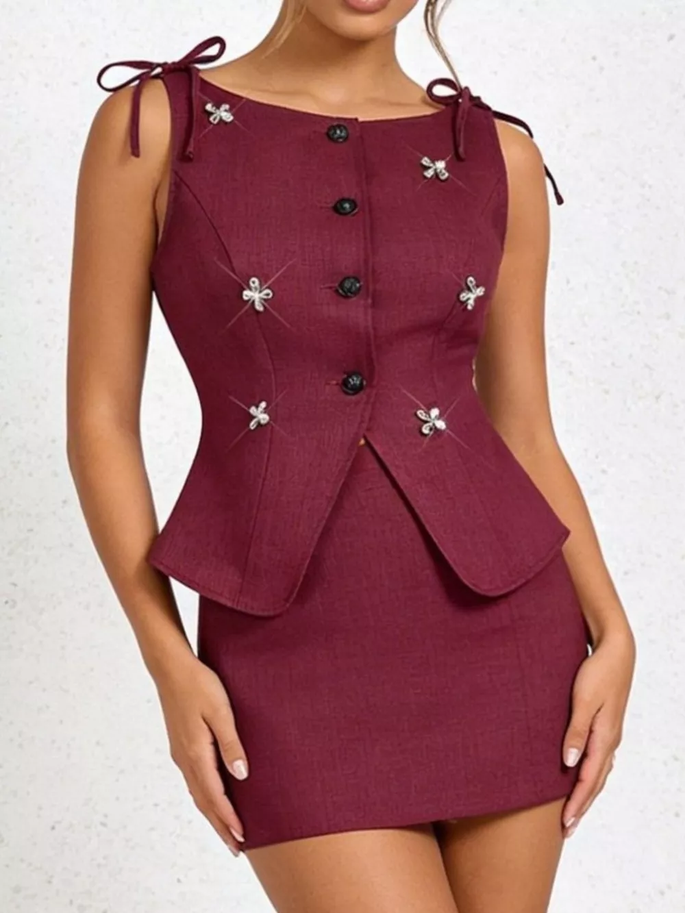 Button-Front Floral Decor Tie Shoulder Vest, image 4
