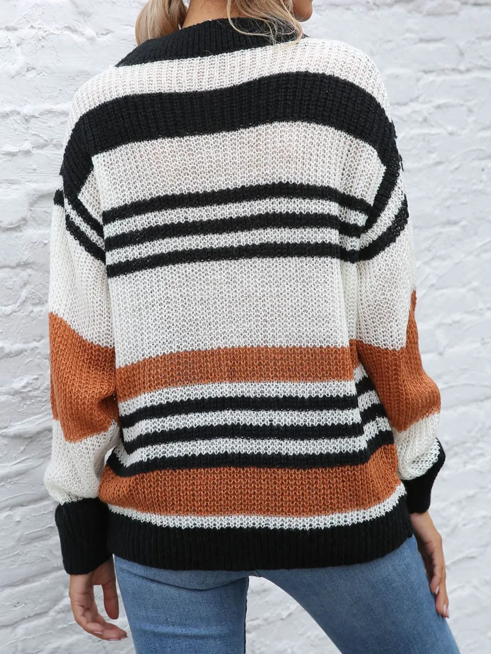 Contrast Striped Round Neck Long Sleeve Sweater, image 2