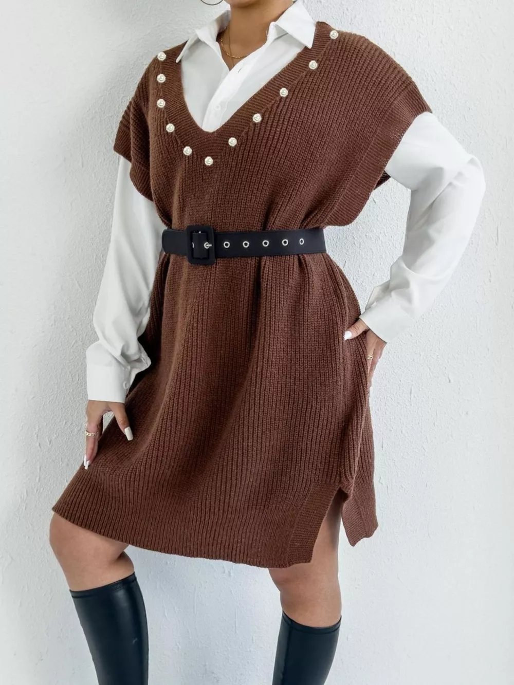 Slit V-Neck Sweater Dress, image 4