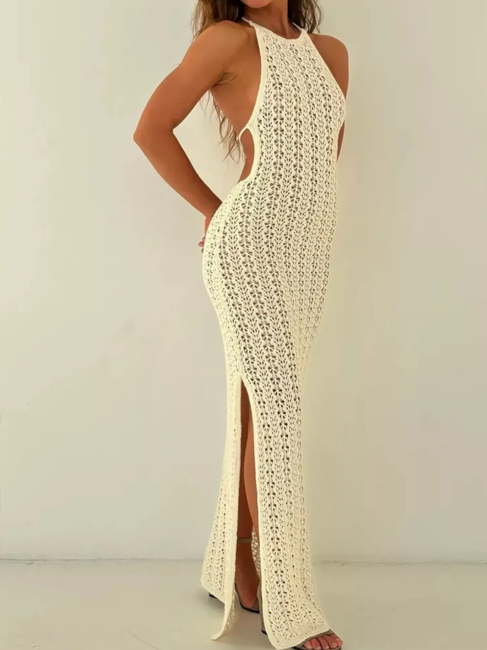 Crochet Halter Neck Bodycon Knit Cover Up Dress, image 11