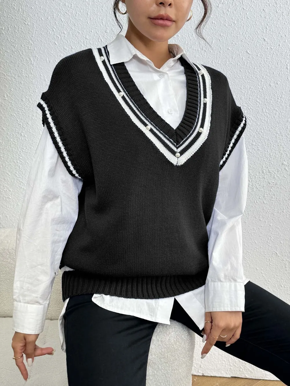 Pearl Trim Contrast V-Neck Sweater Vest, image 10