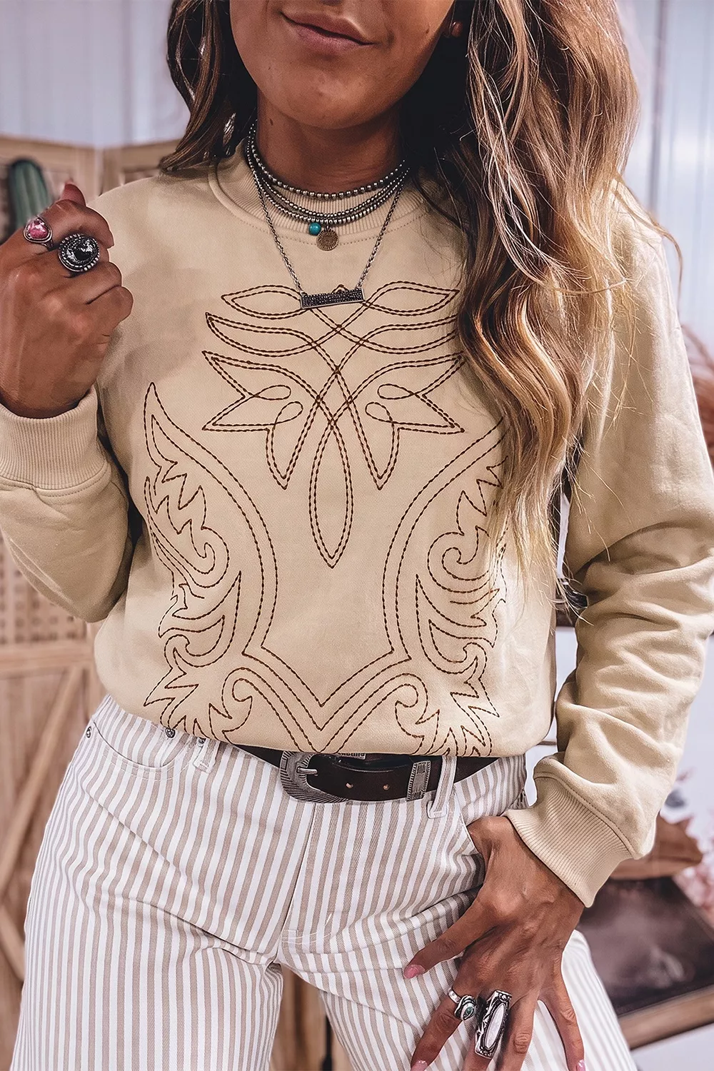 Western Embroidery Round Neck Pullover Long Sleeve Sweatshirt, image 2