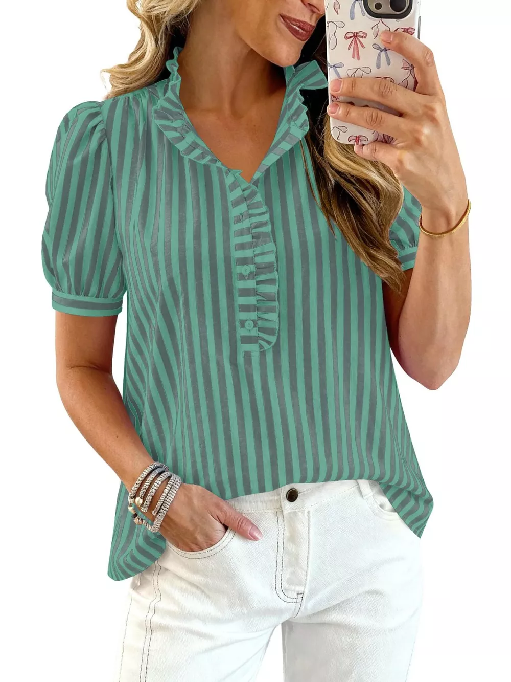 Frill Striped Puff Sleeve Blouse, image 13