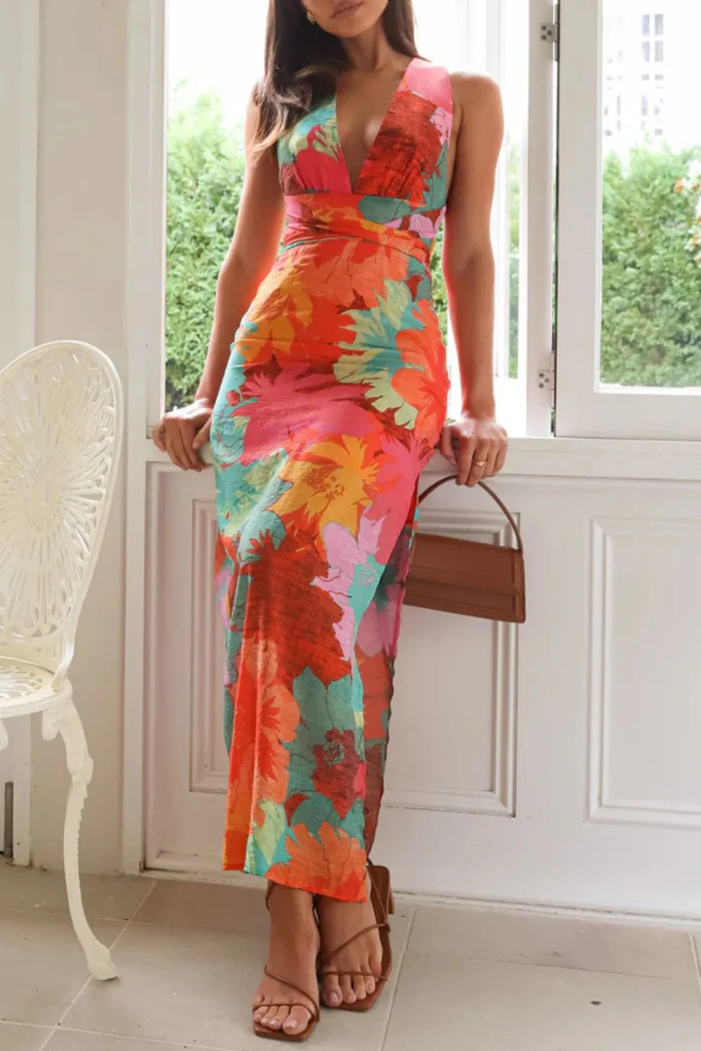 Split Crisscross Back Printed Plunge Maxi Dress