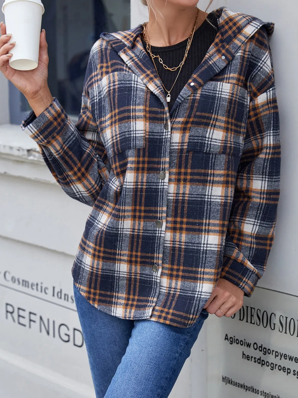 Plaid Button Up Long Sleeve Hooded Jacket, image 2