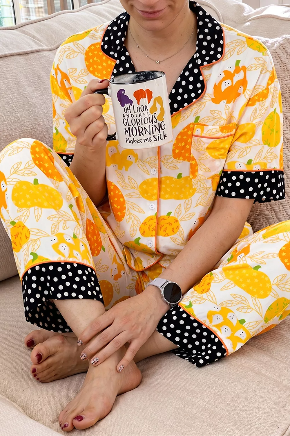 Short Sleeve Pumpkin Print Polka Dot Trim Pocket Placket Lounge Set, image 3