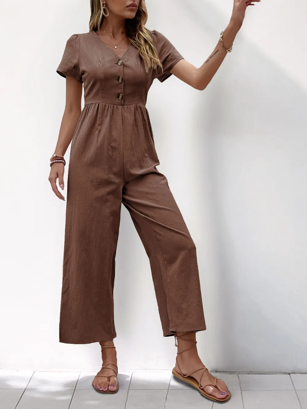 V-Neck Short Sleeve Wide Leg Jumpsuit, image 13