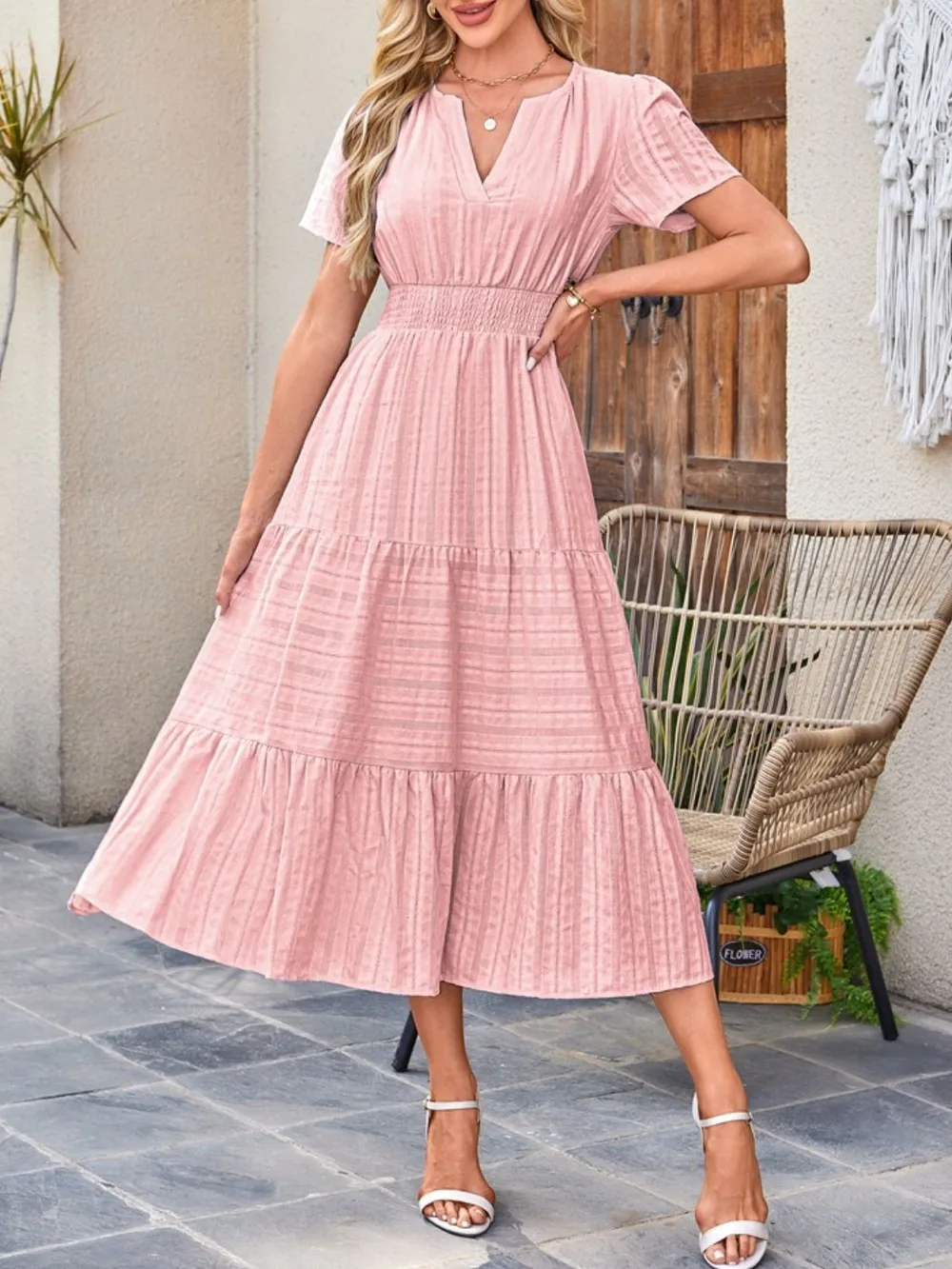Tiered Notched Short Sleeve Dress, image 26