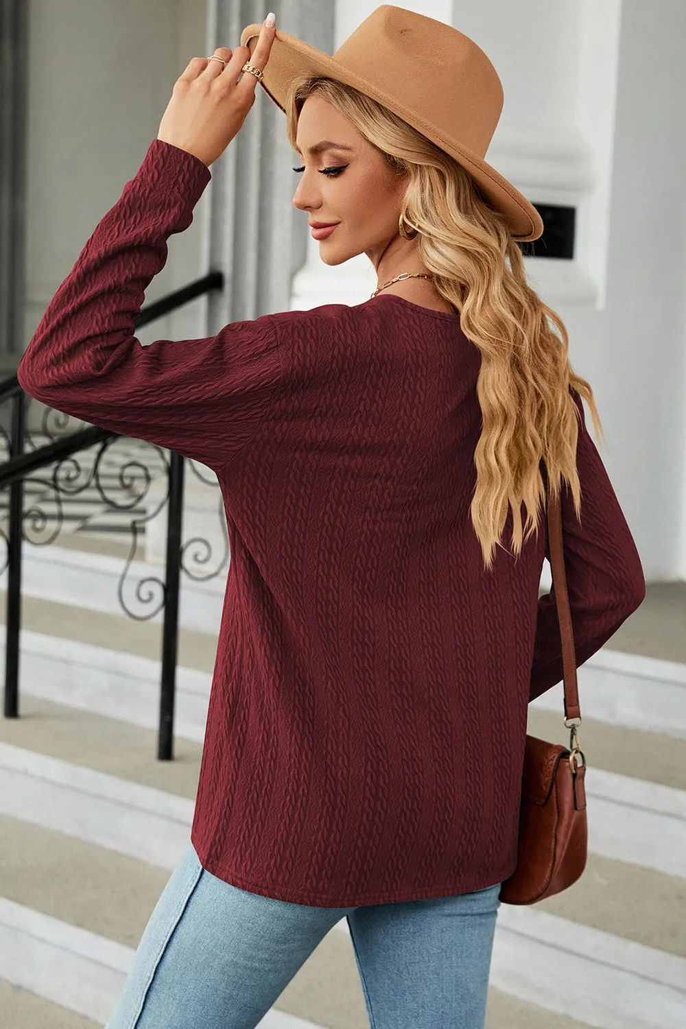 Decorative Button V-Neck Long Sleeve T-Shirt, image 3