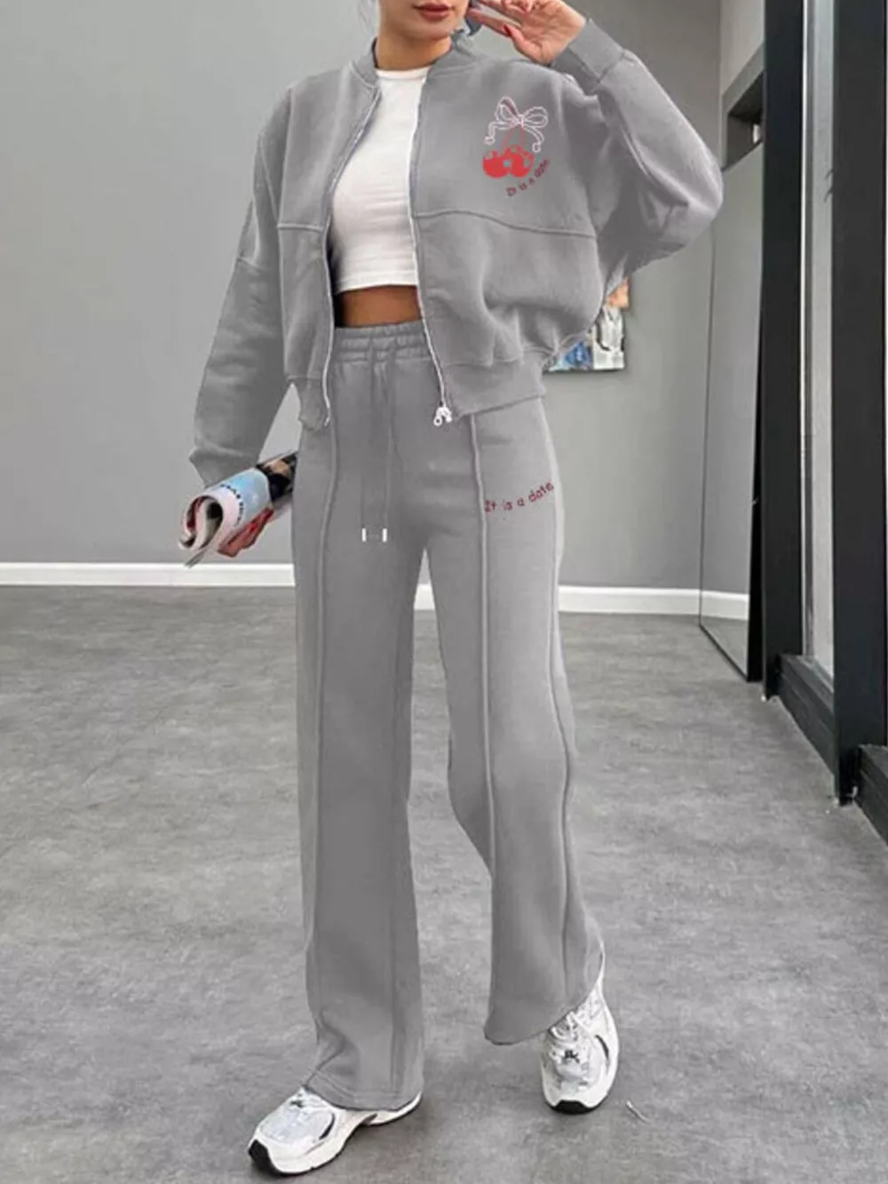 Zip Up Dropped Shoulder Outerwear and Pants Set, image 23