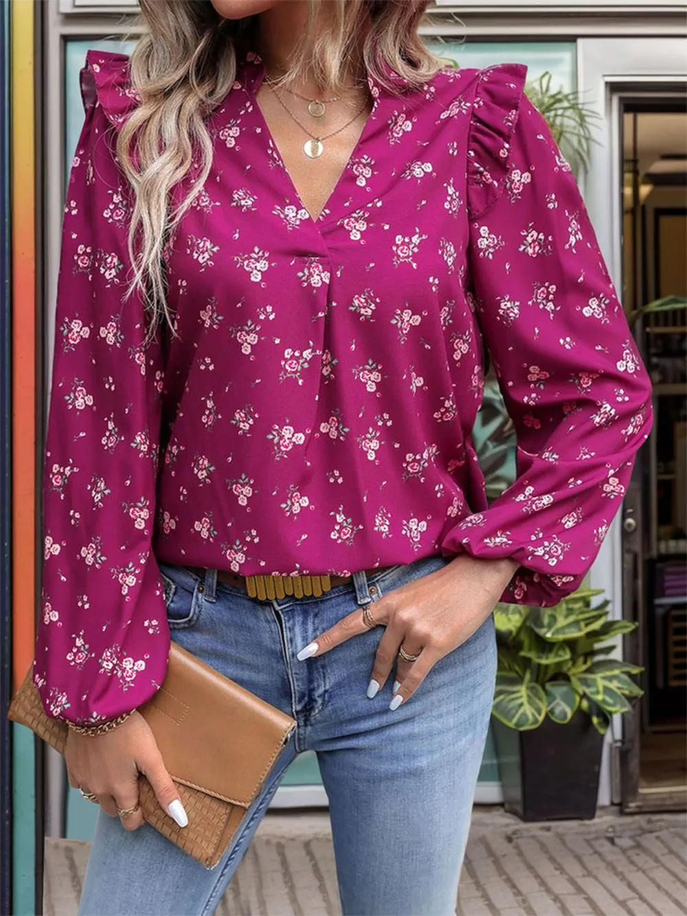 Ruffled Printed Notched Long Sleeve Blouse, image 3