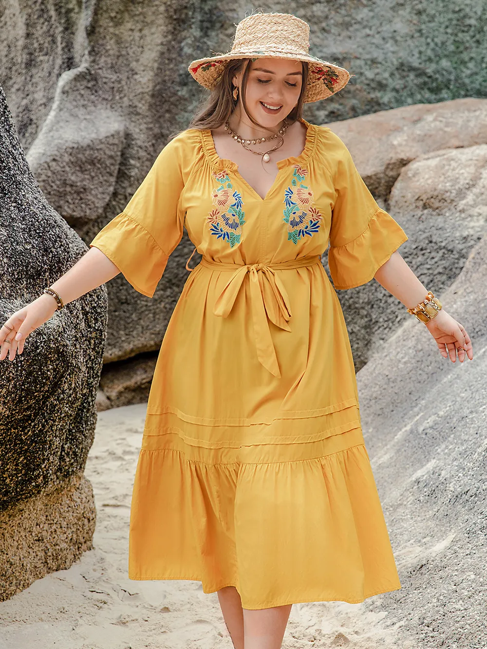 Plus Size Notched Tie Waist Half Sleeve Midi Dress, image 4