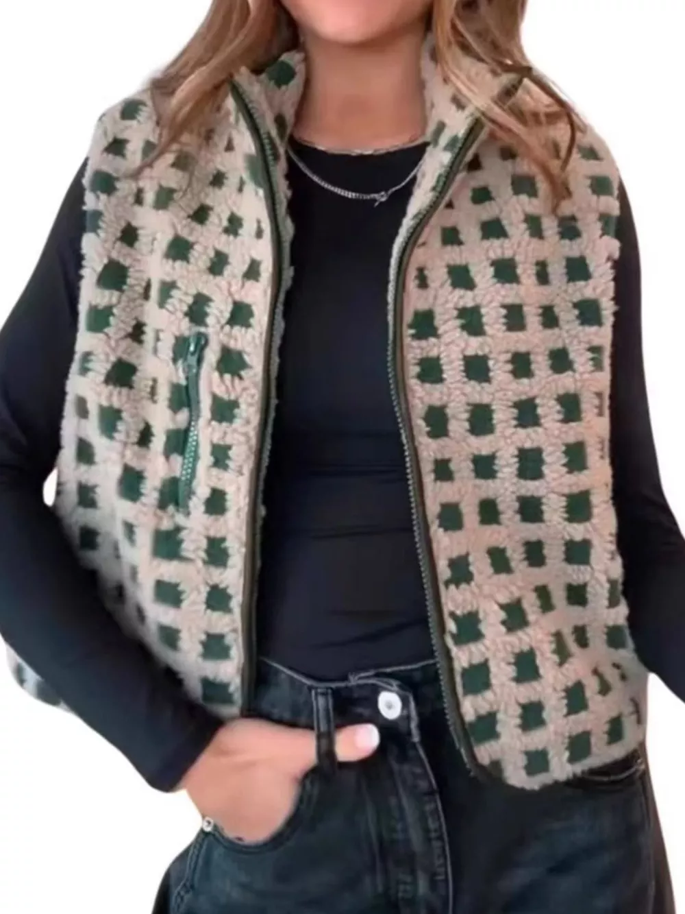 Plaid Zip Up Vest Coat, image 14