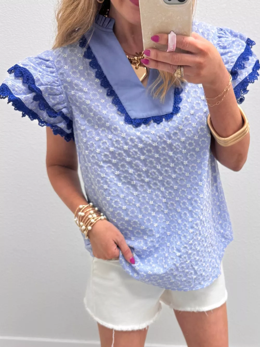 Eyelet Embroidered Flower Texture Contrast Lace Trim Flutter Sleeve Blouse, image 13