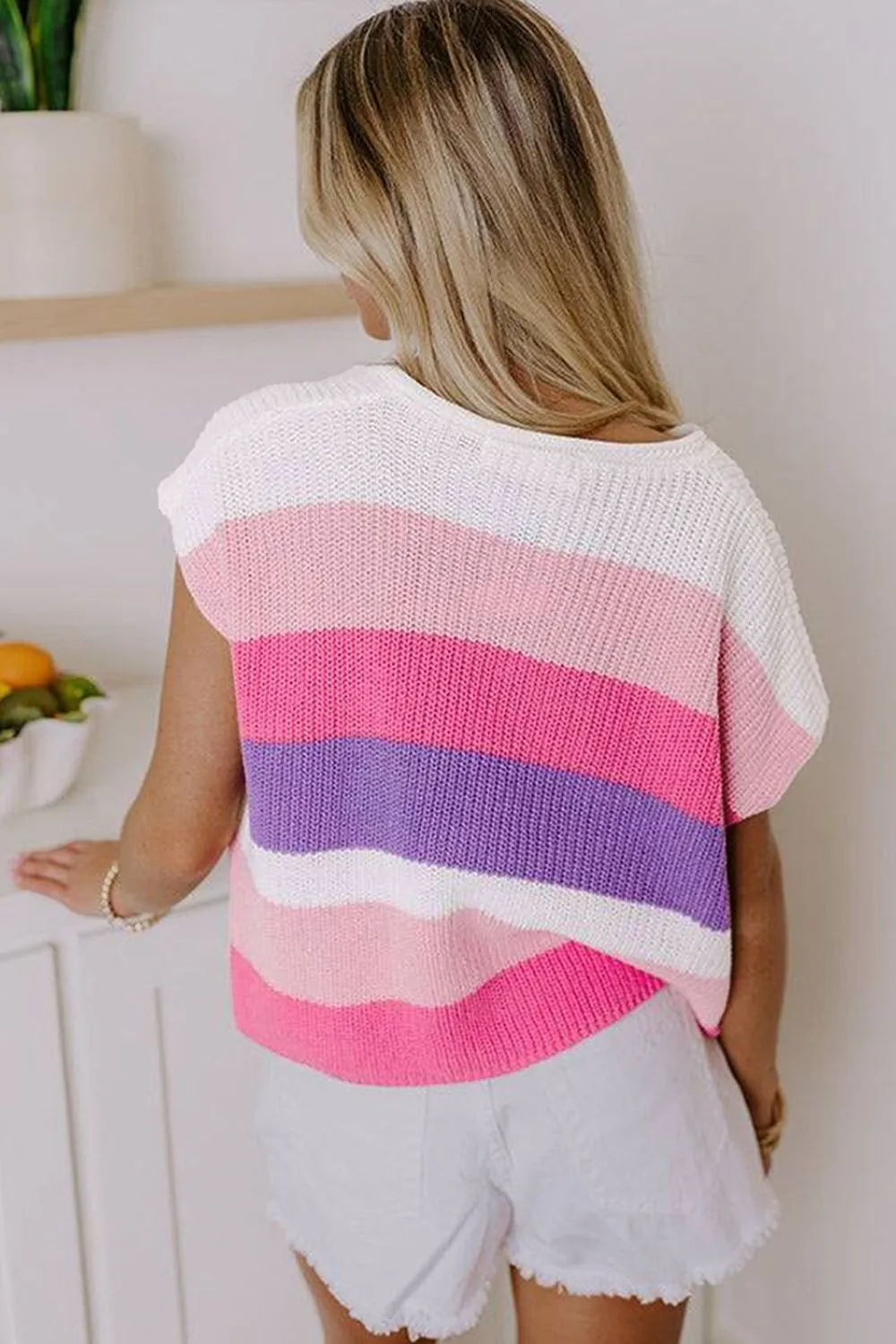 Color Block Notched Short Sleeve Knit Top, image 3