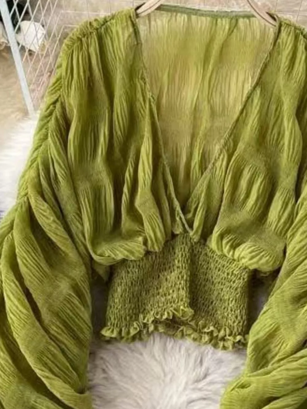 Smocked Ruched Long Sleeve Blouse, image 7