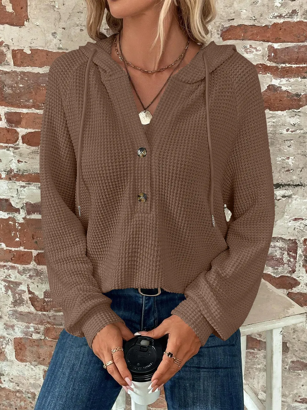 Waffle Knit Long Sleeve Drawstring Hooded Top, image 10