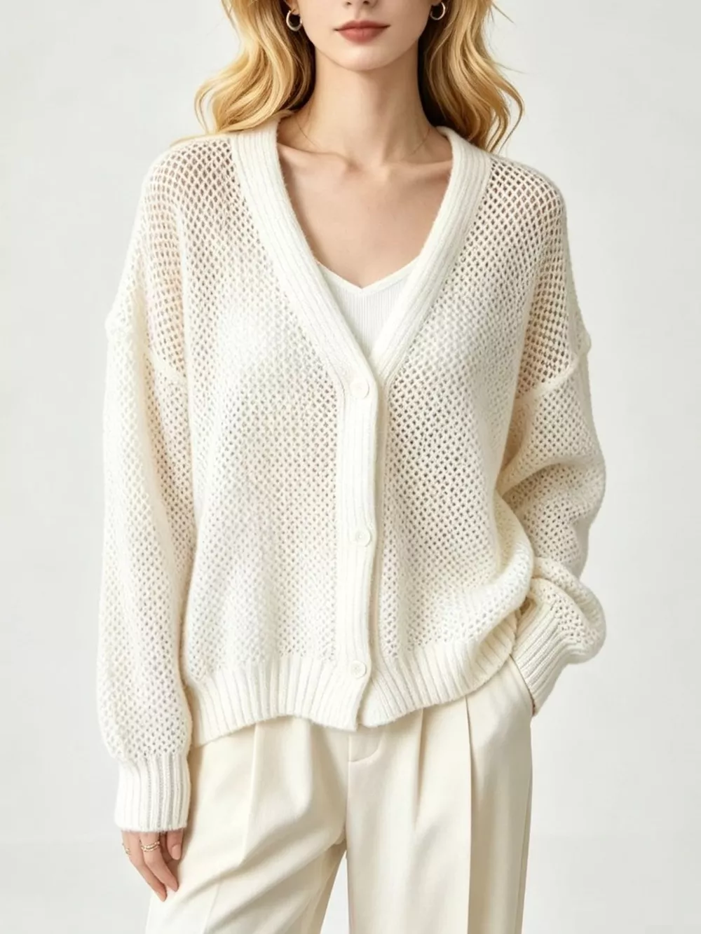 V-Neck Open-Knit Button-Down Cardigan, image 2