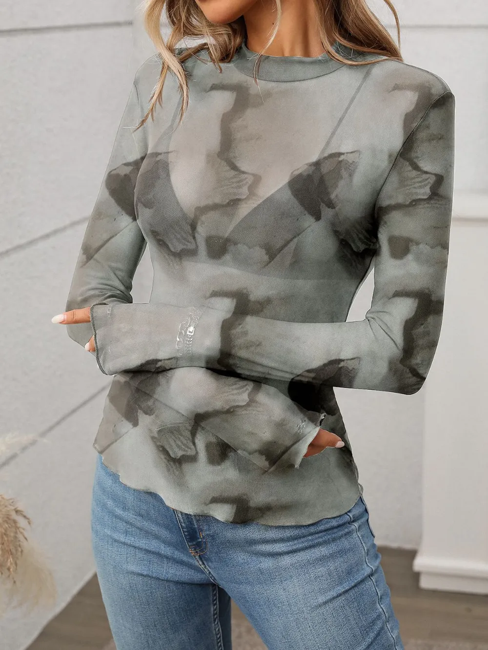 Printed Mock Neck Long Sleeve Mesh T-Shirt, image 3