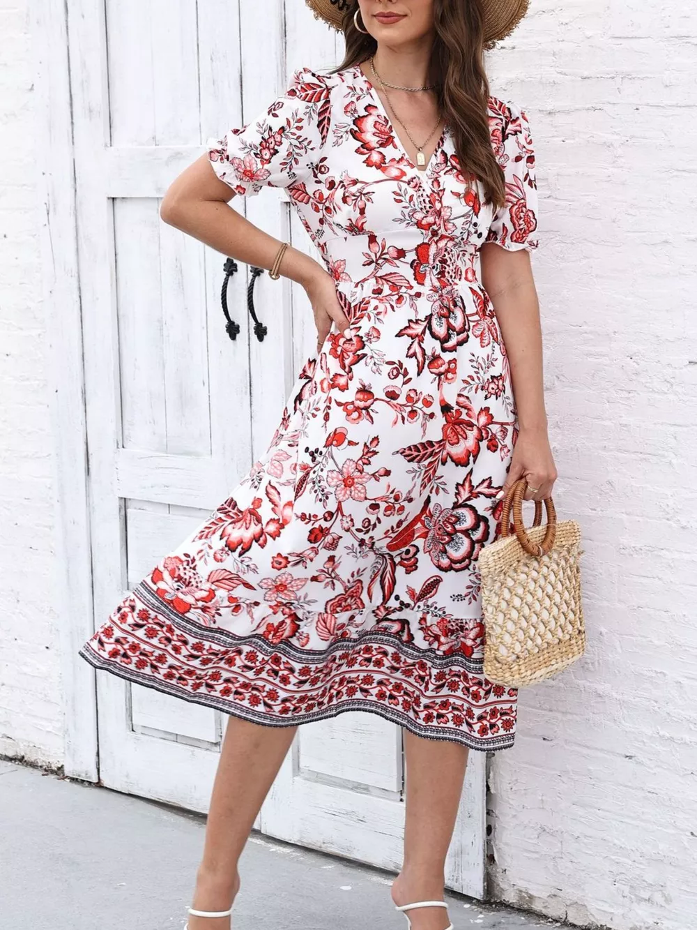 Floral Print Puff Sleeve Wrap Midi Dress, image 21