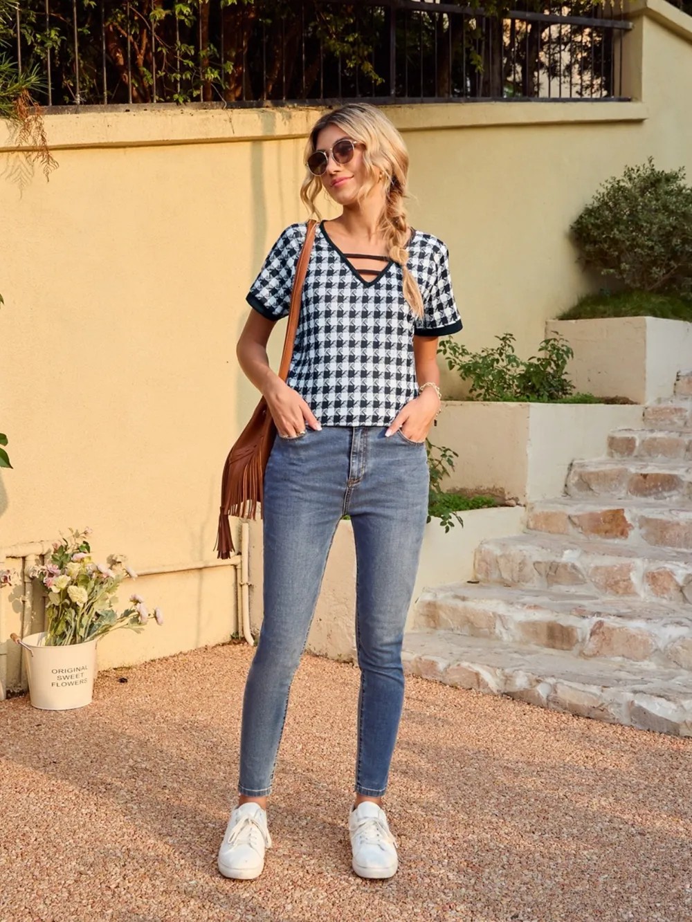 Houndstooth V-Neck Short Sleeve T-Shirt, image 8