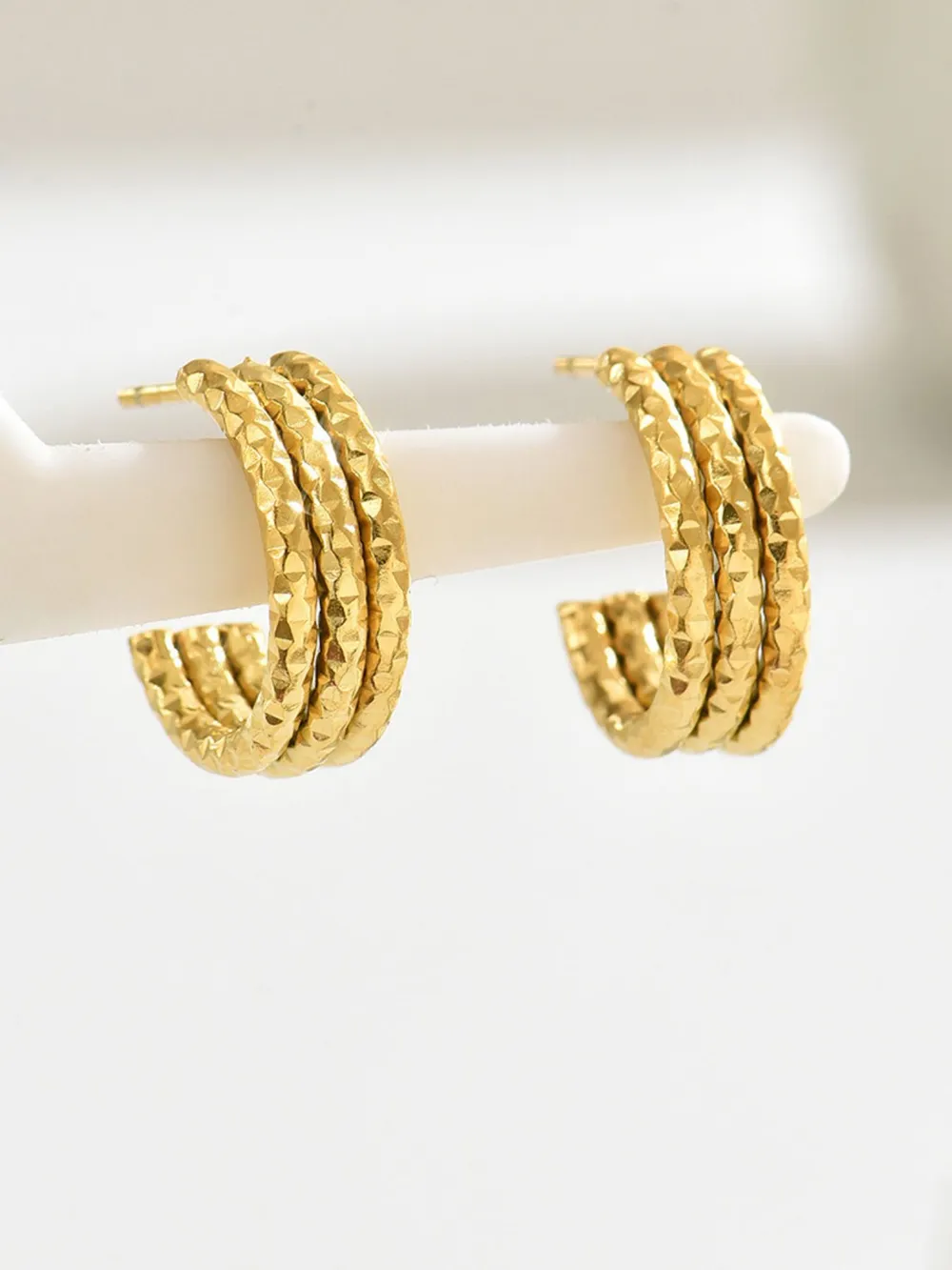 18K Gold-Plated Textured Triple Band Hoop Earrings, image 3