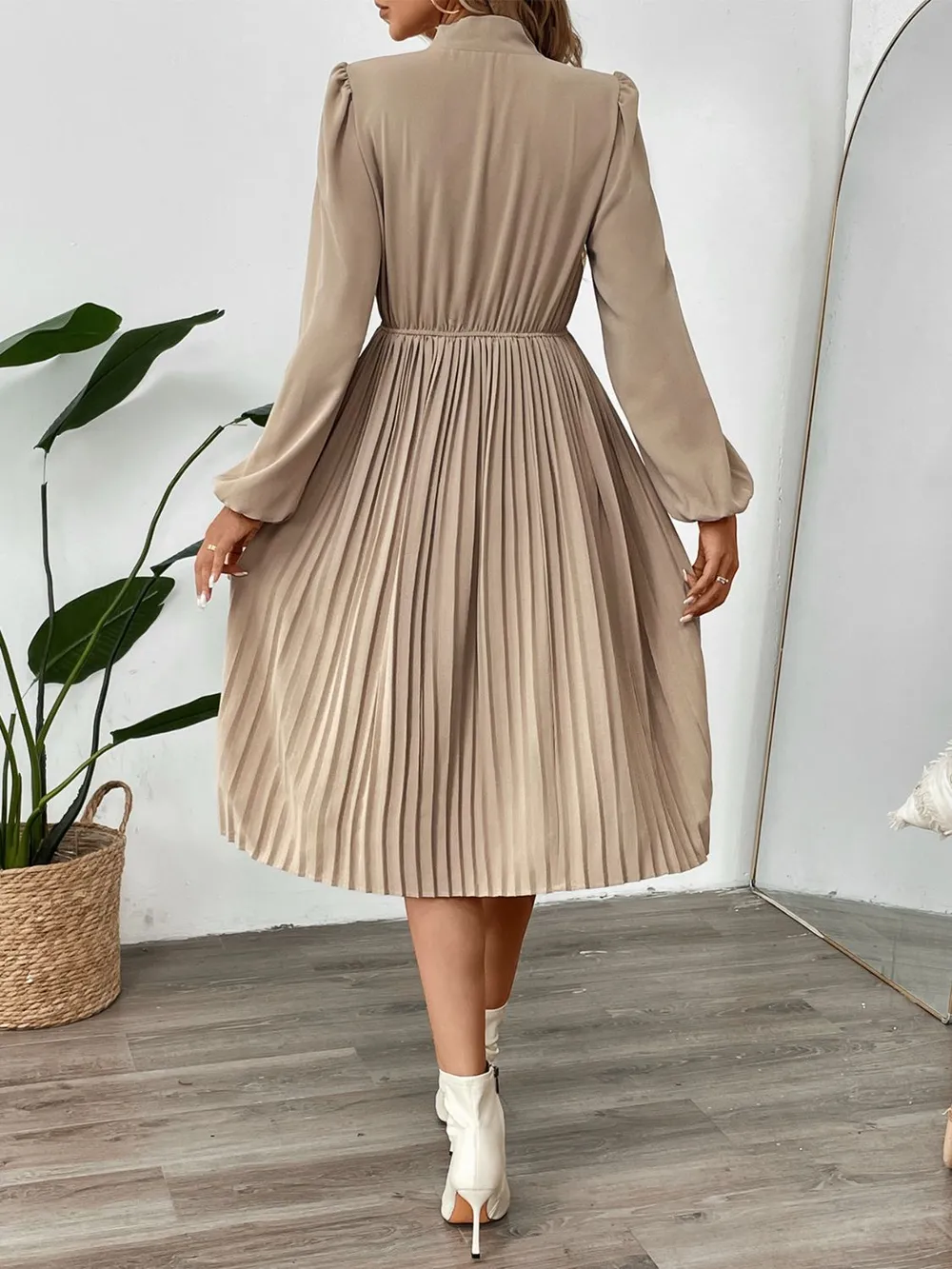 Pleated Tie Neck Long Sleeve Dress, image 6