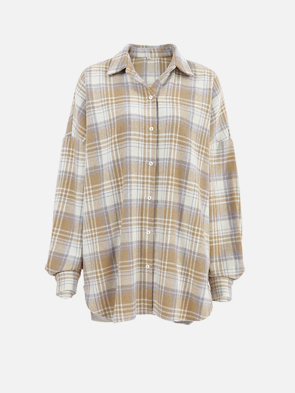 Plaid Collared Neck Dropped Shoulder Shirt, image 2