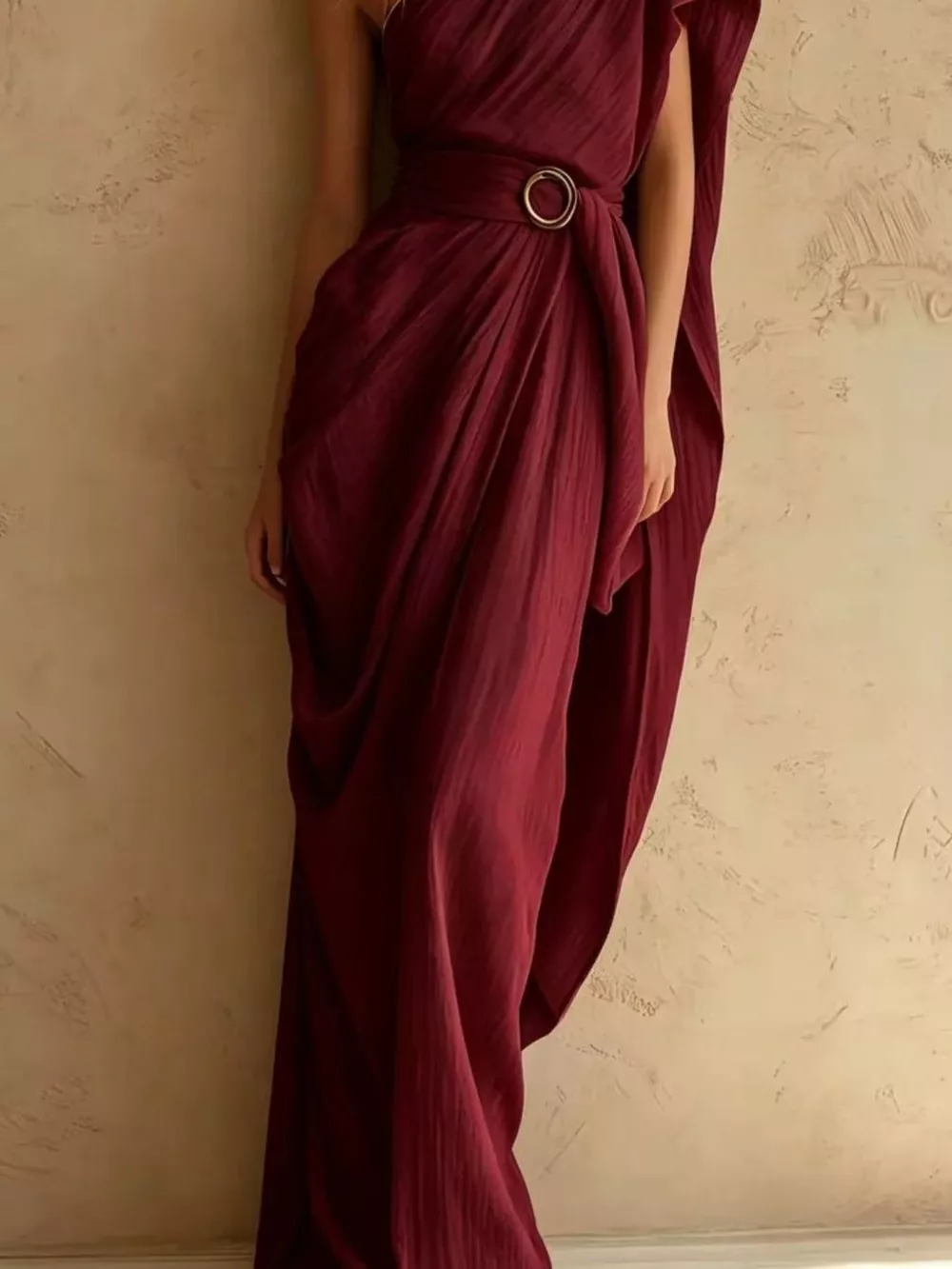 One-Shoulder Draped Maxi Dress with Waist Buckle, image 8