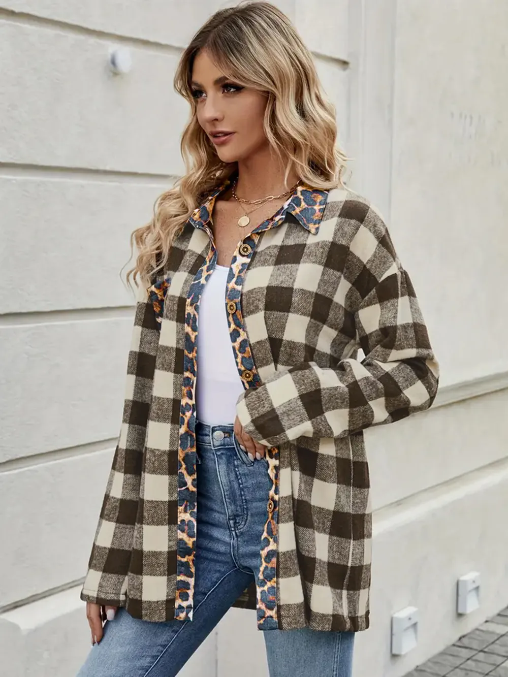 Leopard Trim Plaid Collared Neck Long Sleeve Shirt, image 2