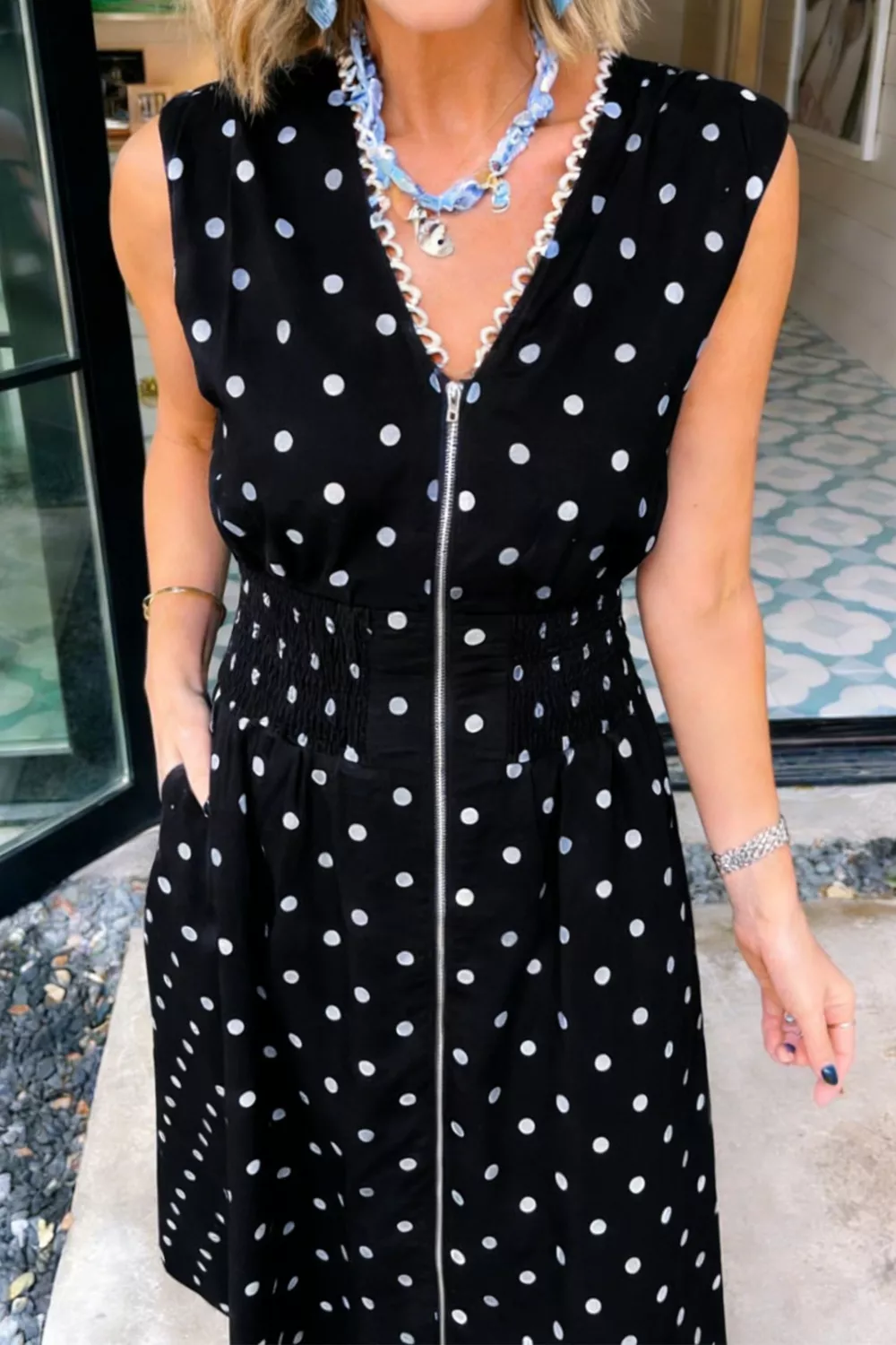 Polka Dot Zipper Front Midi Dress, image 15