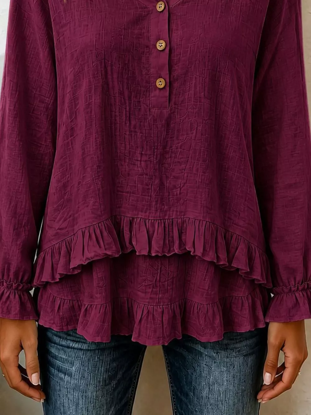 V-Neck Long Sleeve Button Detail Ruffled Hem Blouse, image 19