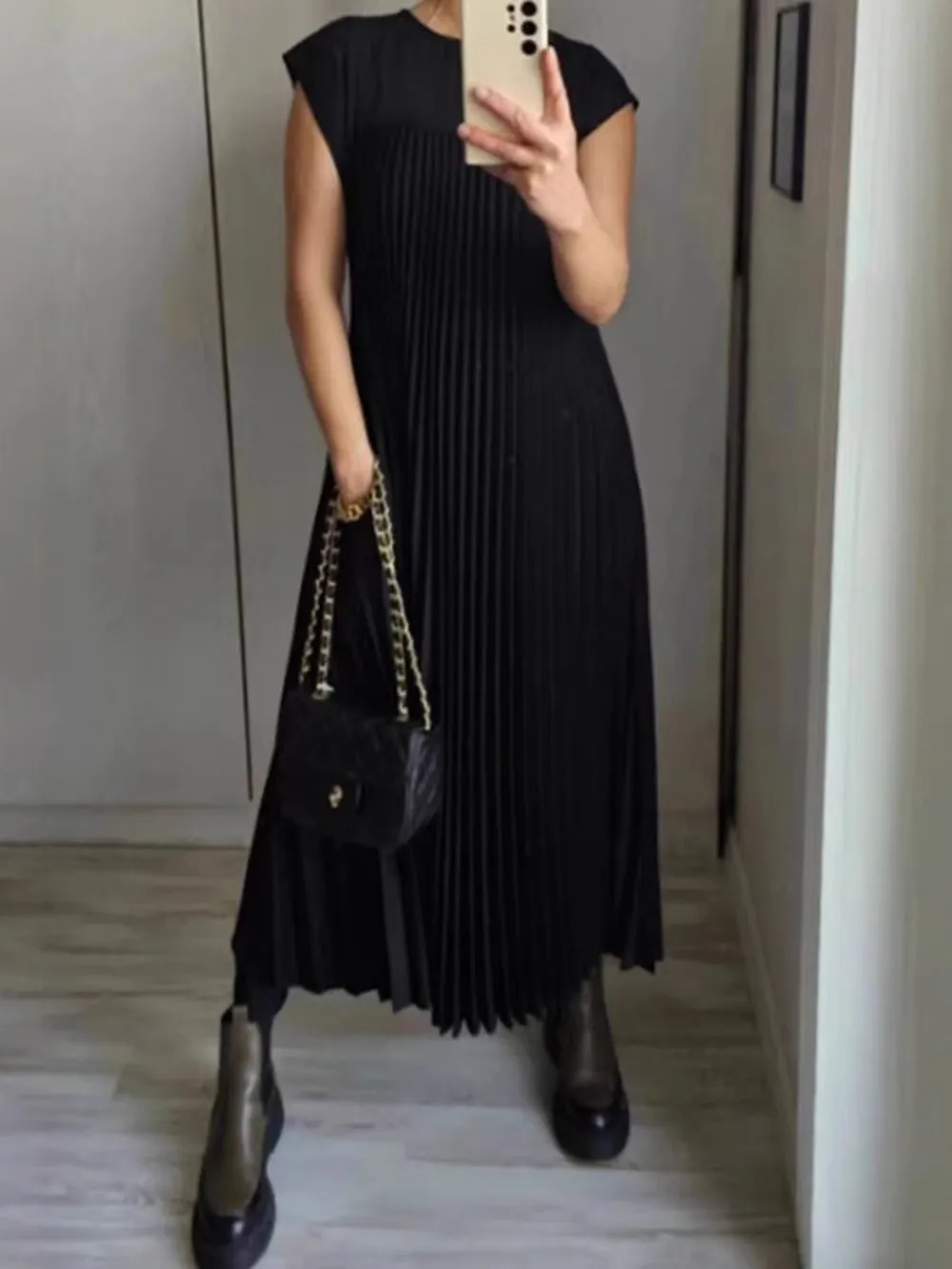 Full Size Pleated Round Neck Maxi Dress Plus Size, image 16