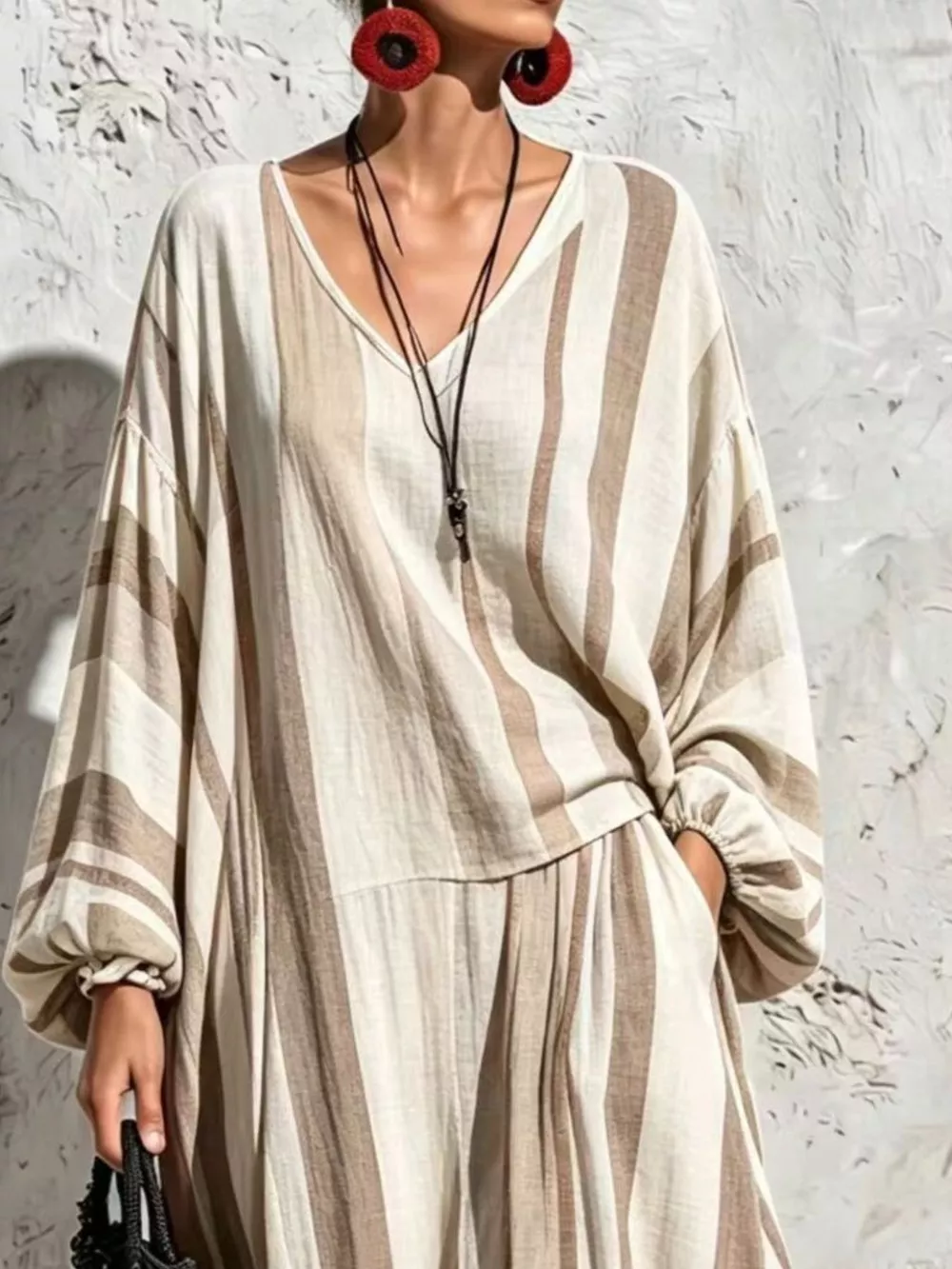 Bohemian Striped V-Neck Loose Top and Wide Leg Pants Set, image 5