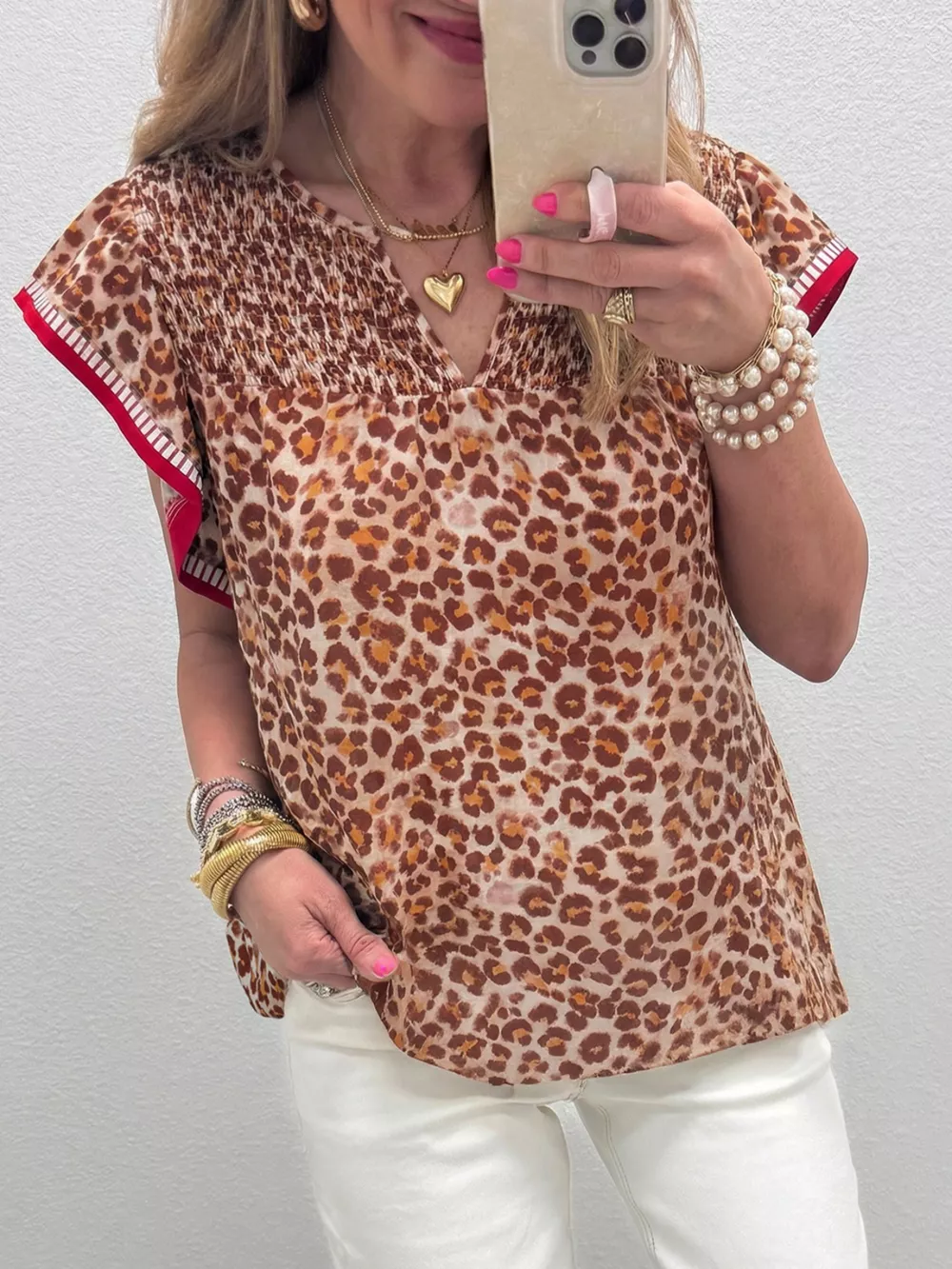Leopard Print Smocked Notched Blouse, image 8