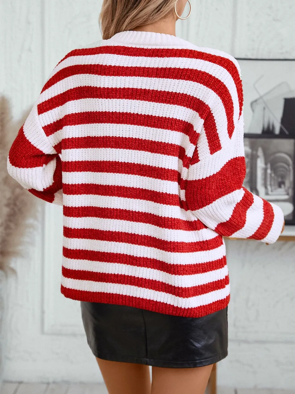 Striped Round Neck Long Sleeve Sweater, image 5
