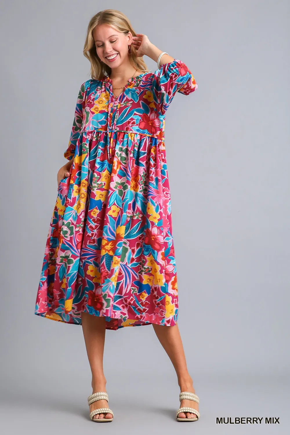 Full Size Floral Print Tie Neck Midi Dress with Pockets Plus Size, image 8