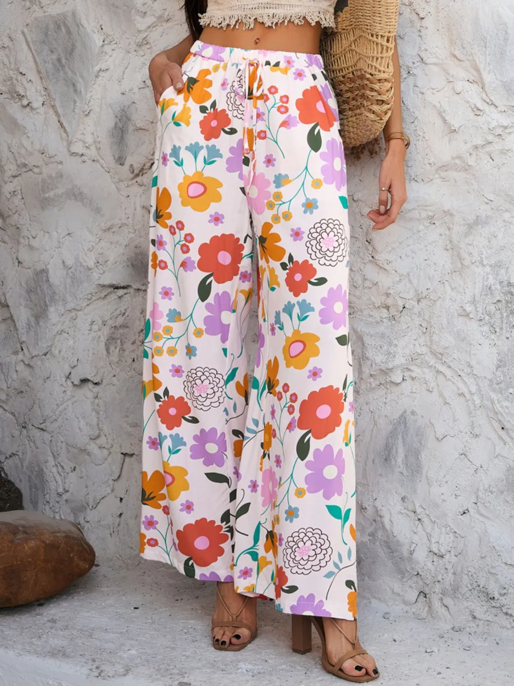 Drawstring Printed Wide Leg Pants, image 7