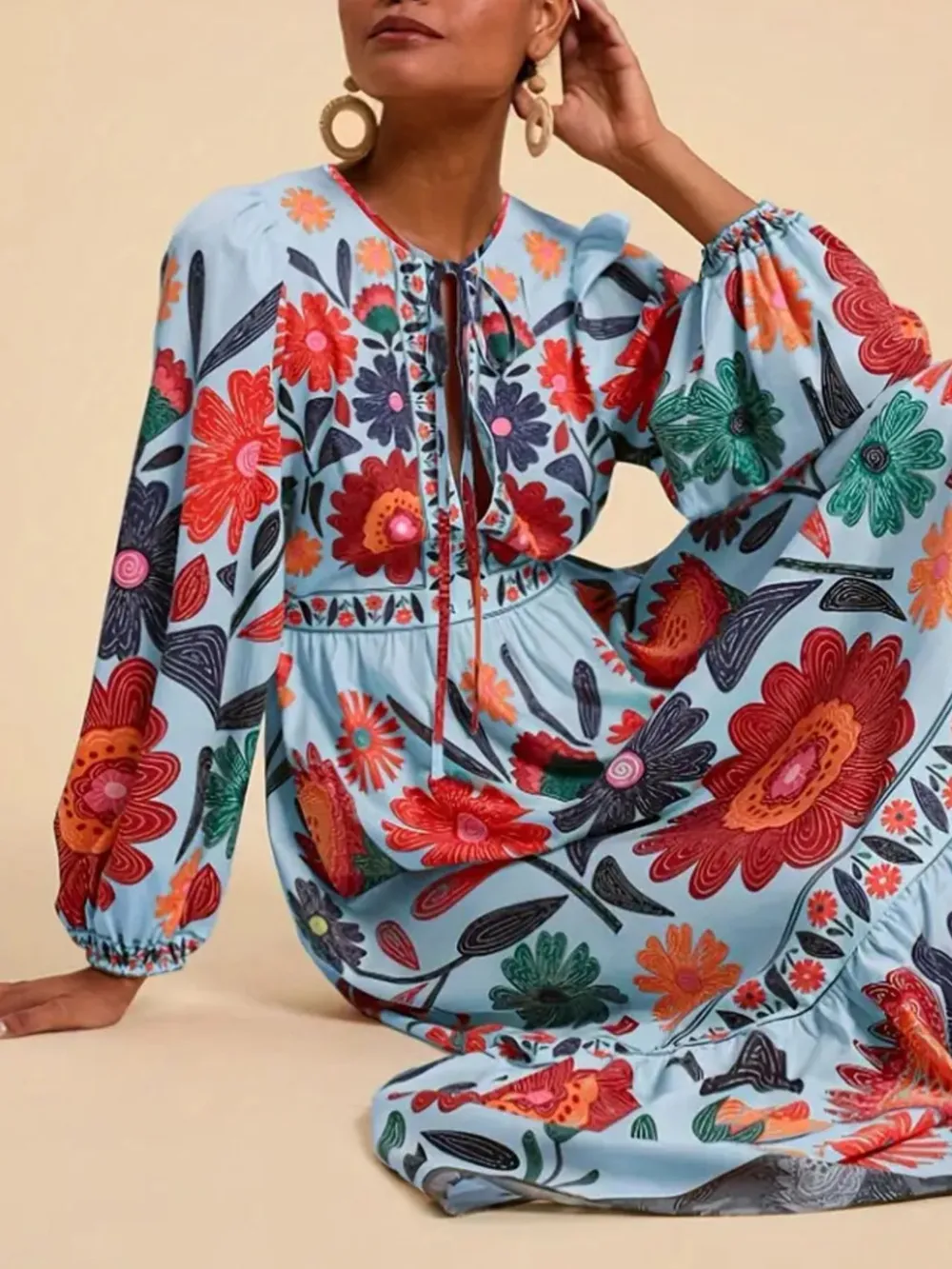 Floral Tie Waist Long Sleeve Dress, image 26