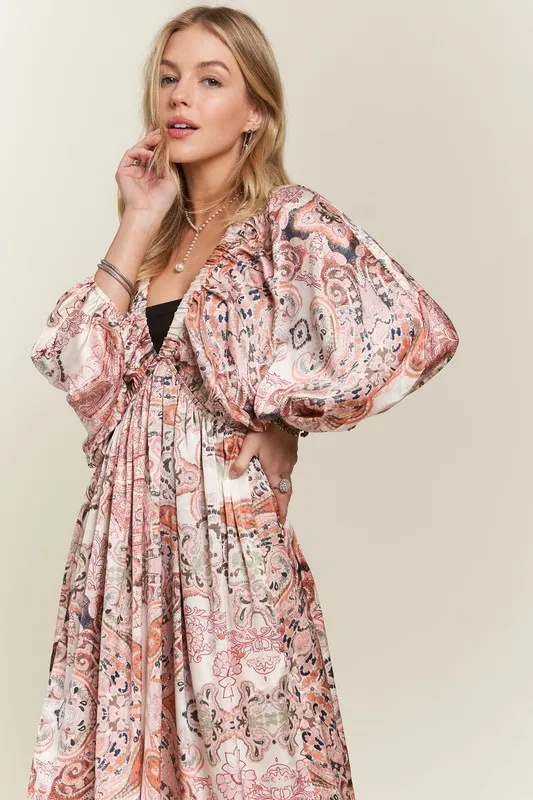 Printed V-Neck Batwing Sleeve Dress, image 7